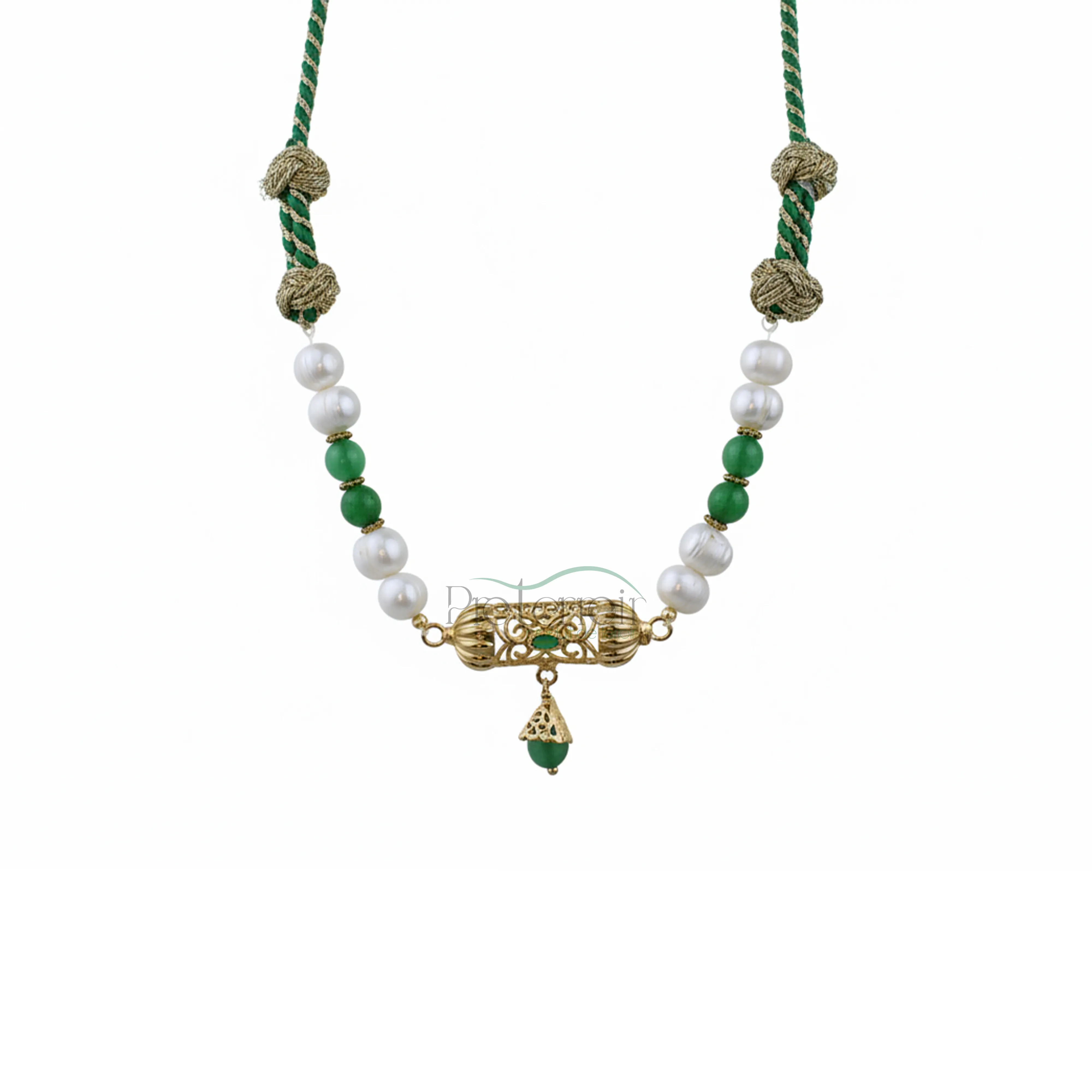 Choker en argent rodie en or avec perles de cultures et pierres en jades vert