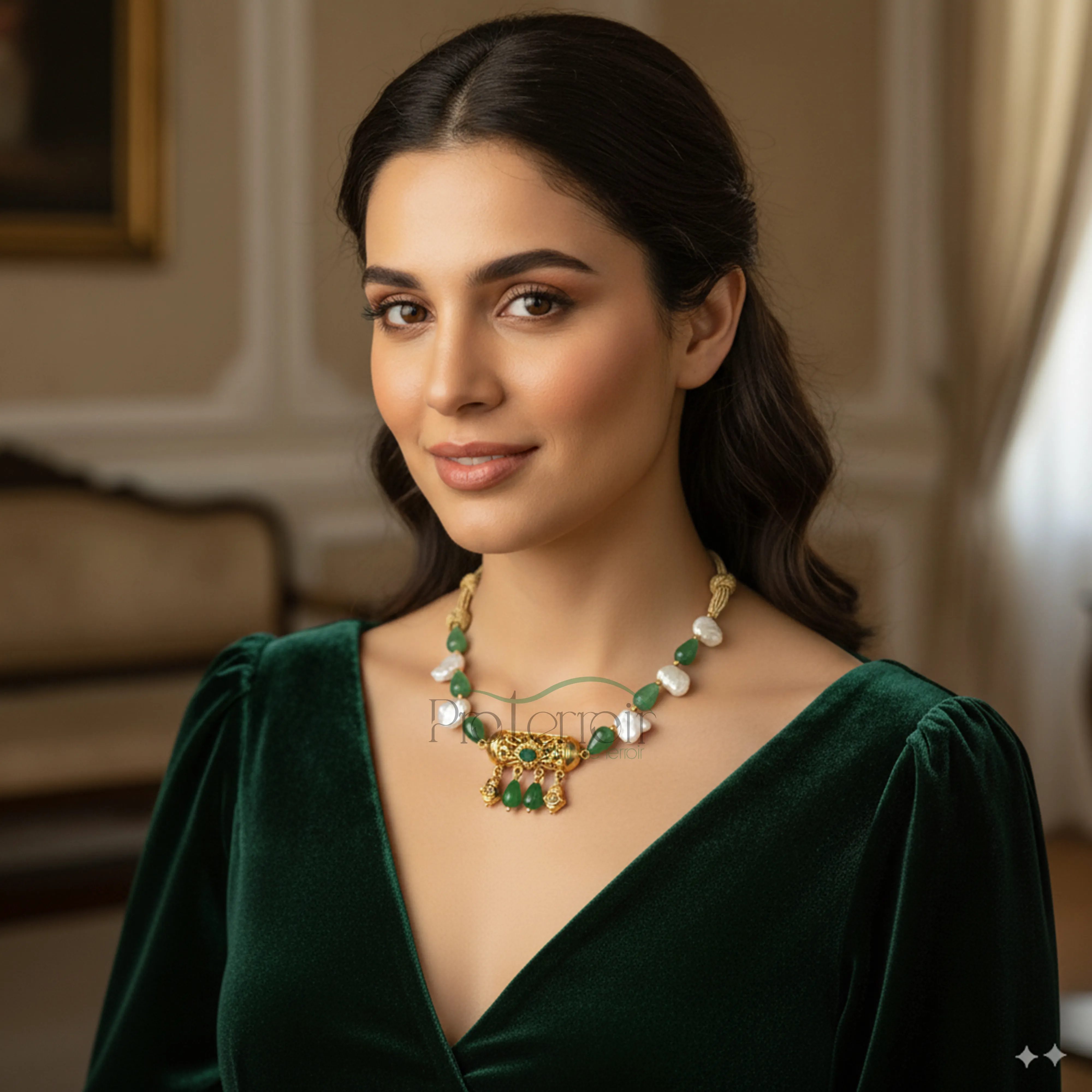 Choker Artisanal en Argent Rhodié Or avec Perles et Jade Naturel