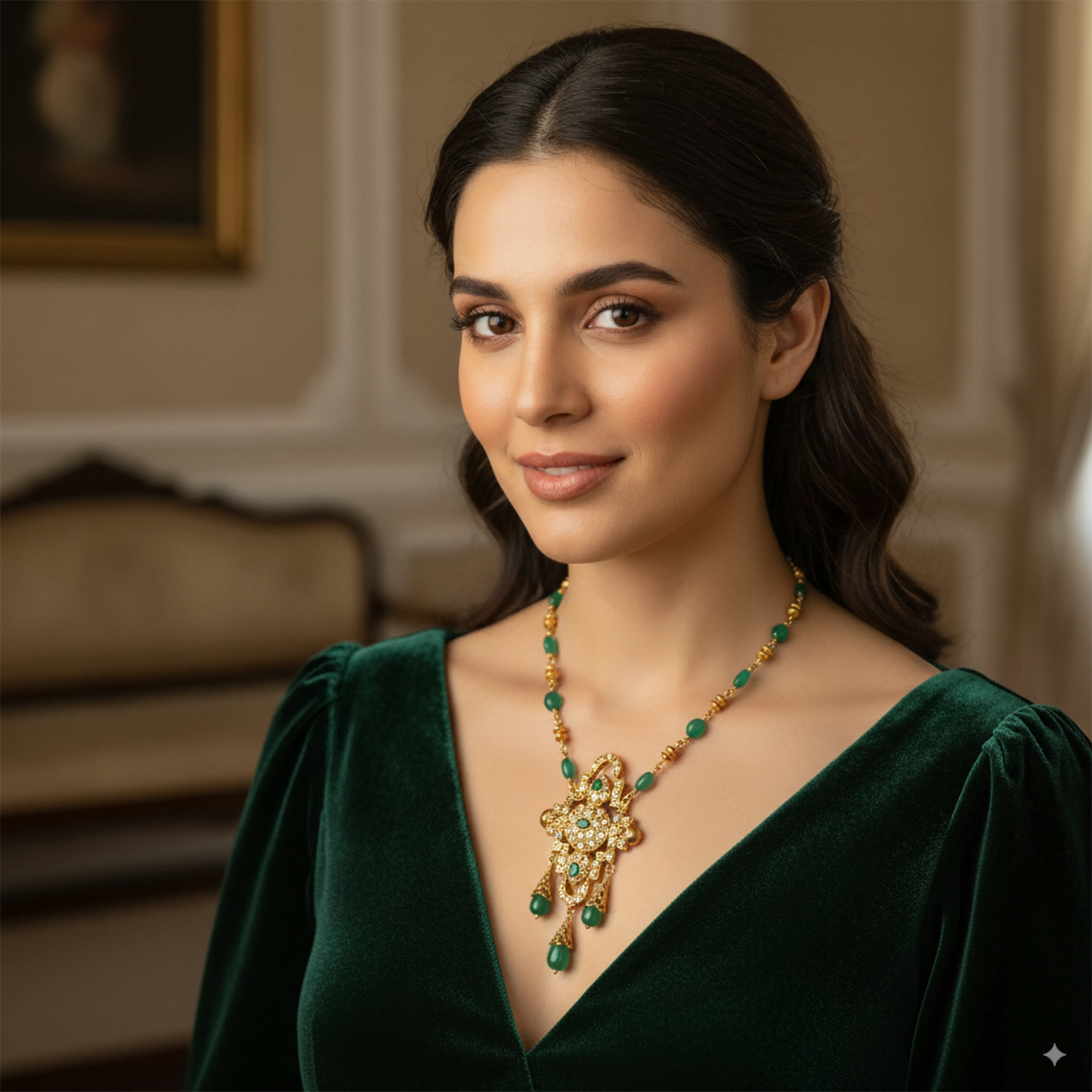 Sautoire Fdila – Collier traditionnel raffiné en argent doré et pierres naturelles