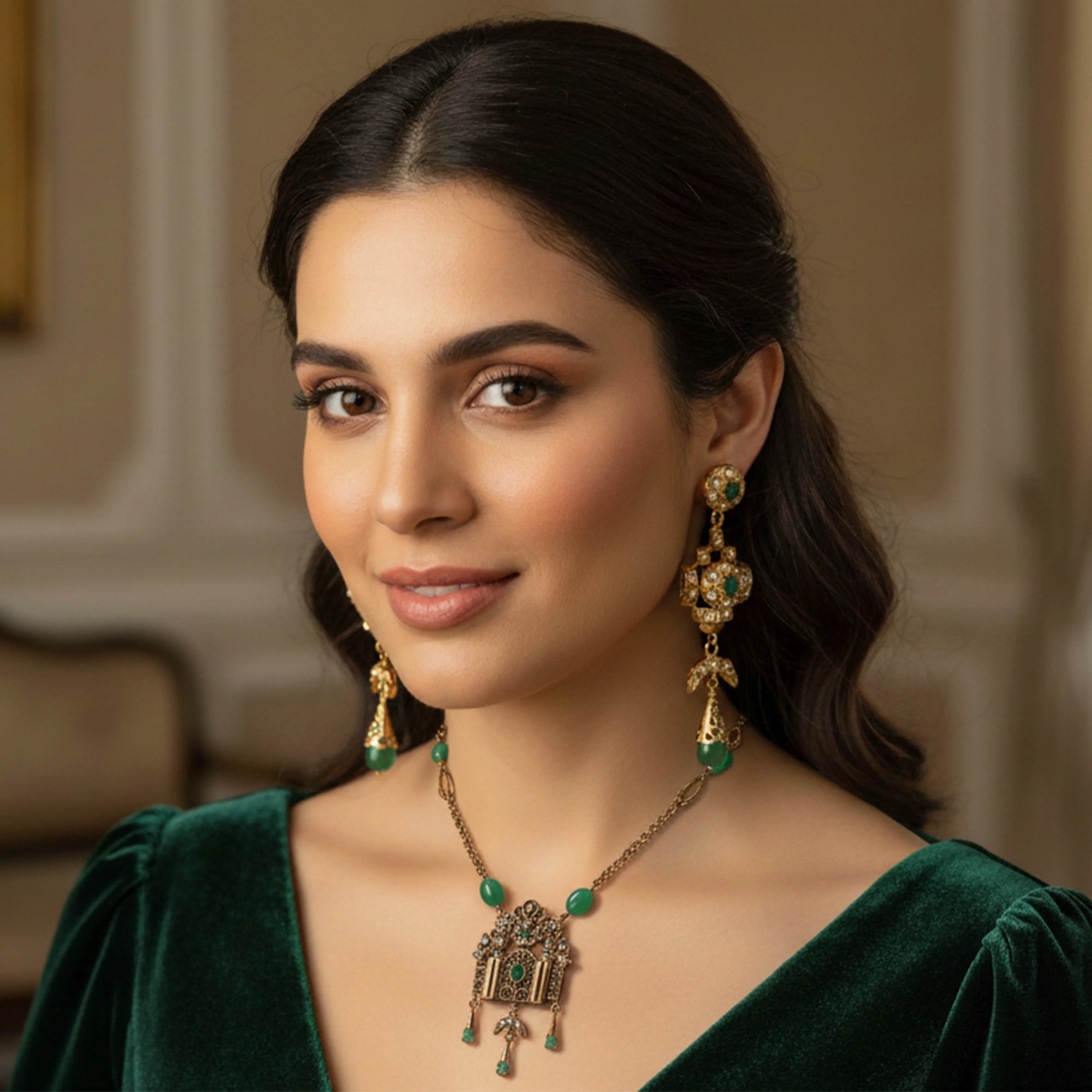 Sautoire Bab Mansour – Collier marocain artisanal en argent doré et pierres naturelles