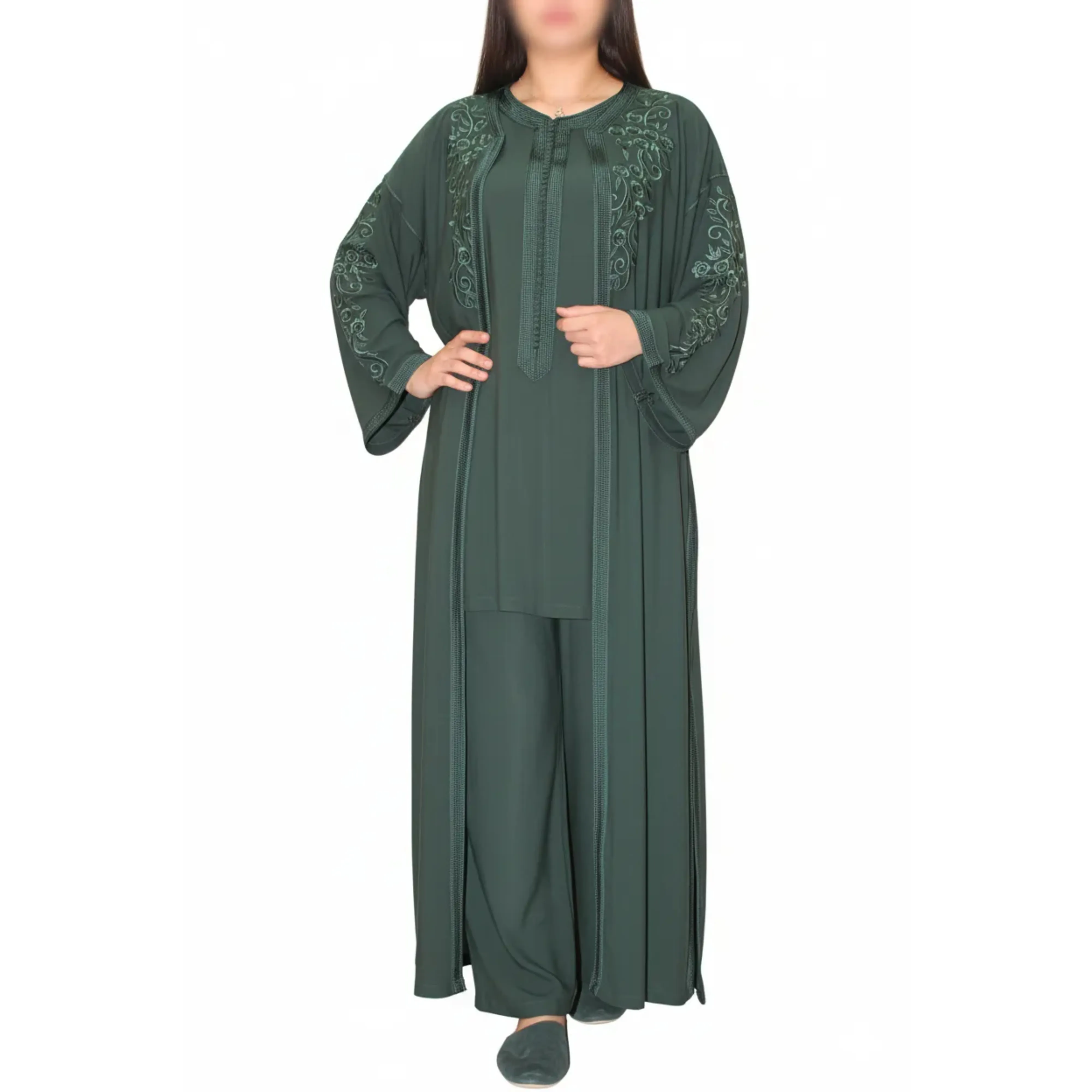 Caftan moderne vert foncé avec broderies élégantes | Kaftan chic pour femme