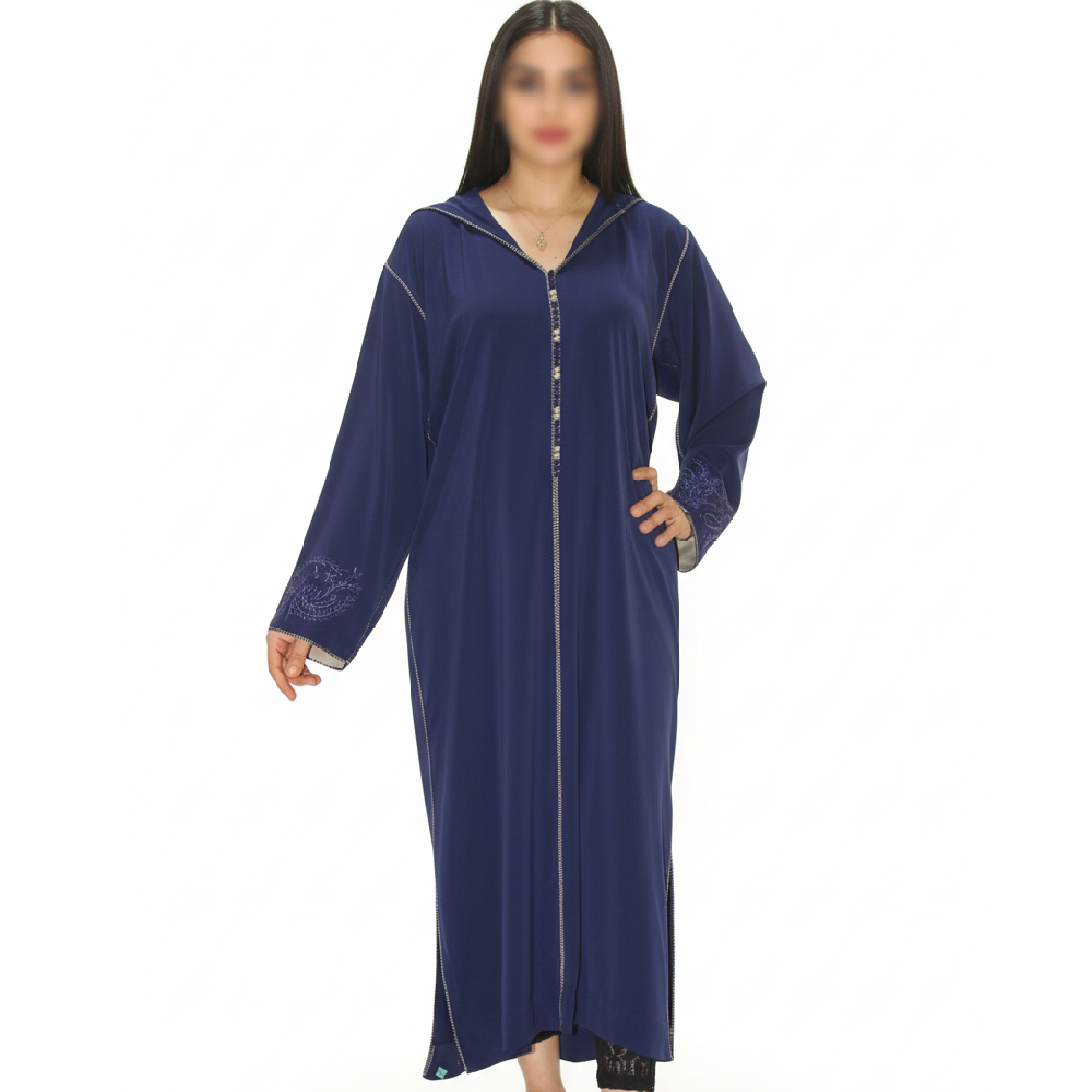 Djellaba moderne bleue avec capuche et broderies élégantes