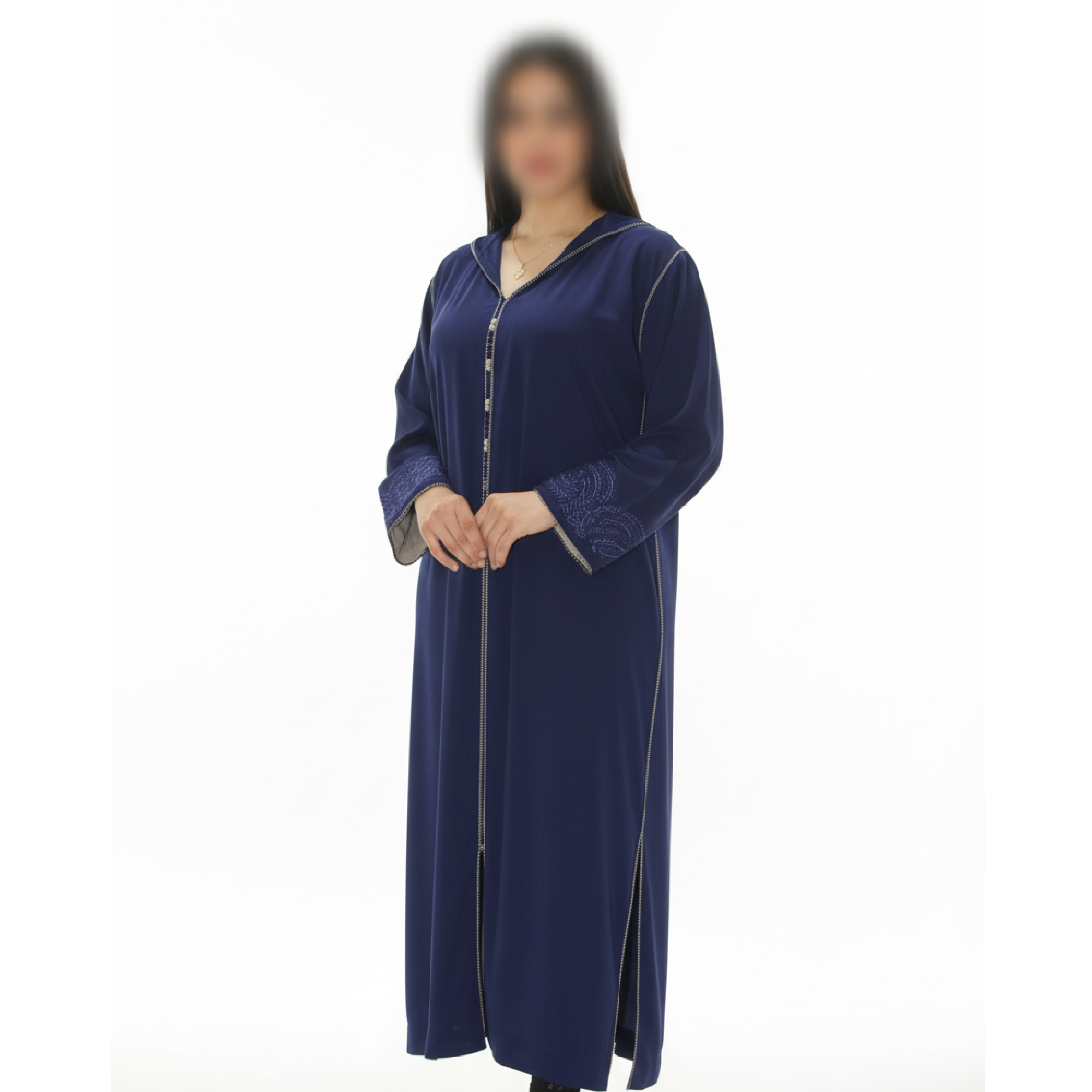 Djellaba moderne bleue avec capuche et broderies élégantes