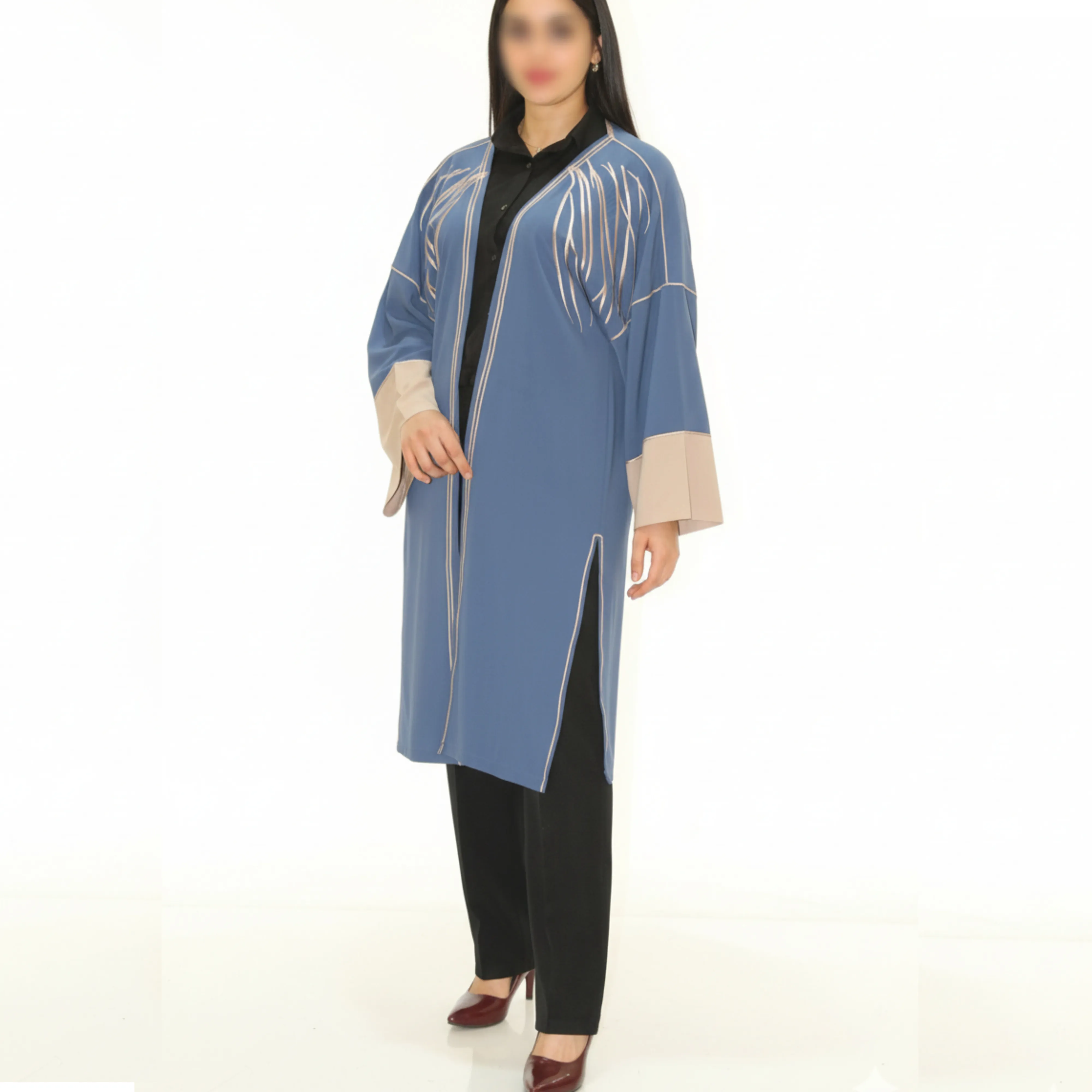 Abaya Moderne Bleue avec Manches Beiges Élégantes