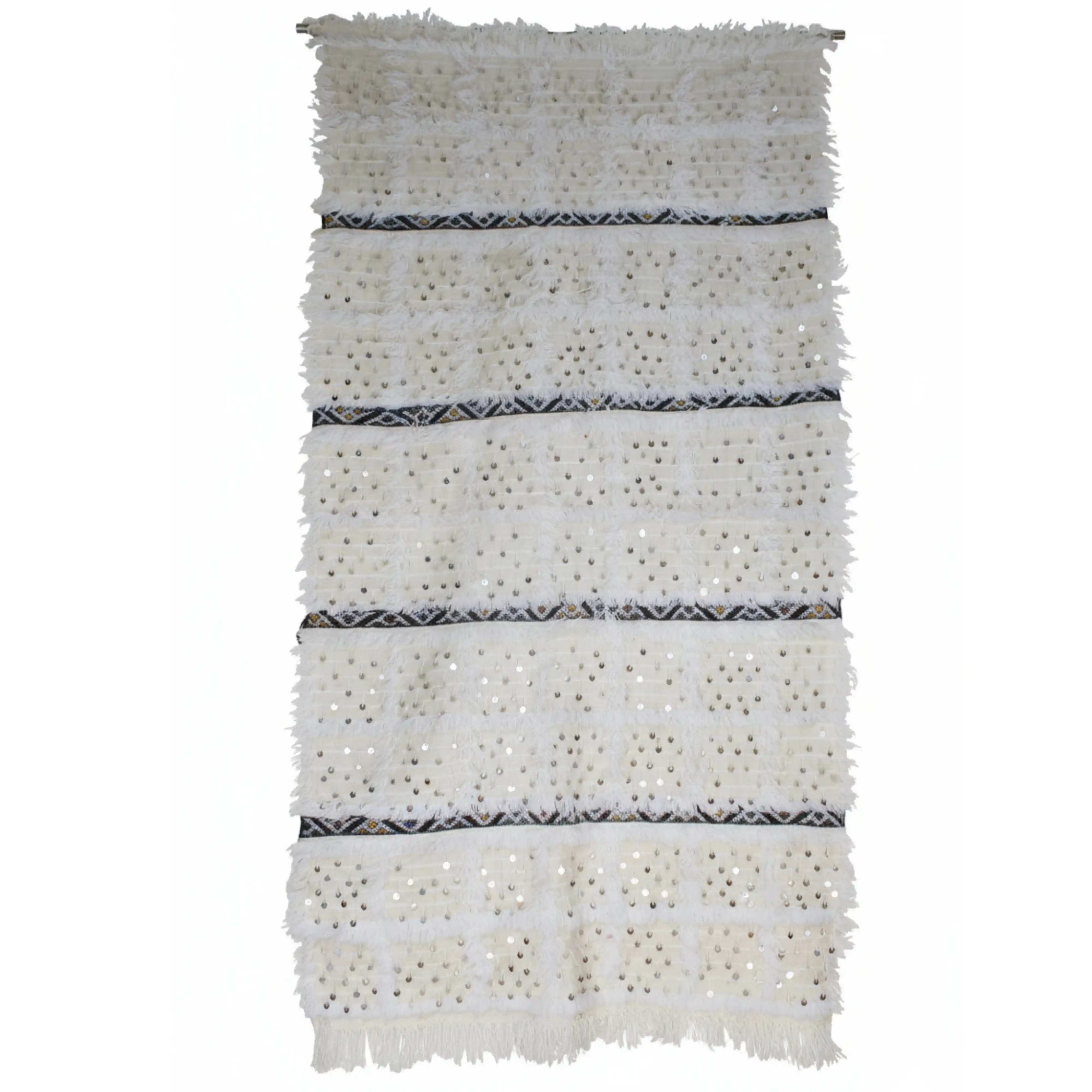 Tapis de lit Beni Ourain Blanc 200x120cm avec Coussins – Fait Main Marocain