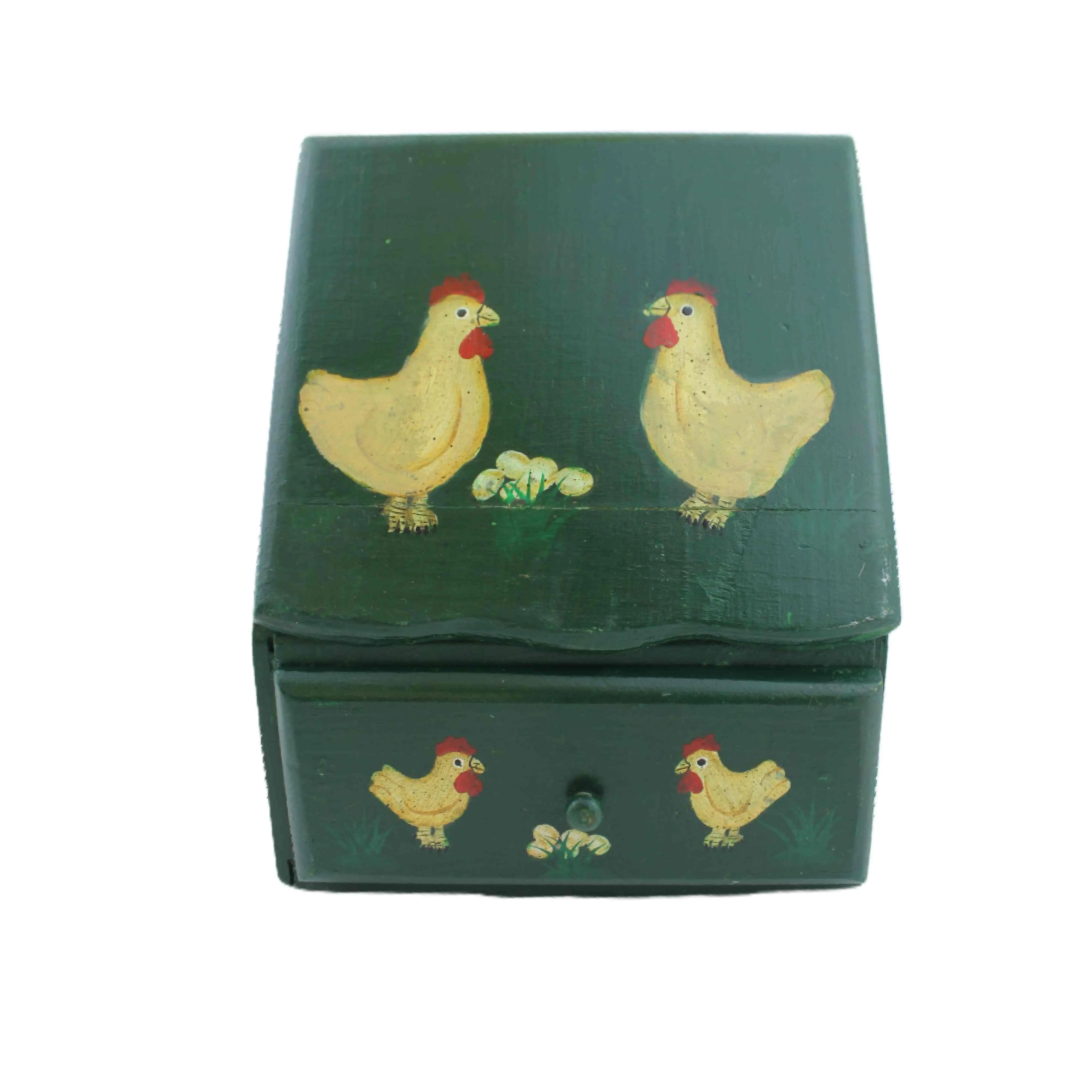 Boîte en Bois Peinte à la Main Motif Poules – Décoration Rustique