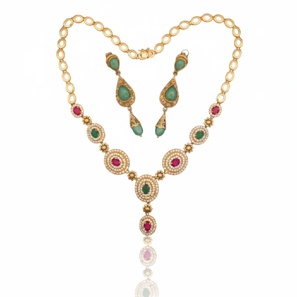 Parure Royale Ethnique Or et Pierres Précieuses avec Rubis, Émeraudes et Perles