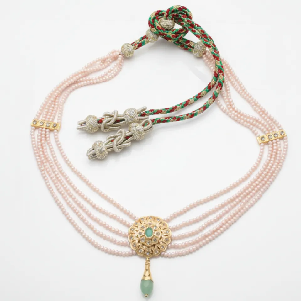 Collier Ras du Cou Maharani Multi-Rangs de Perles Roses avec Pendentif Floral en Argent et Jade