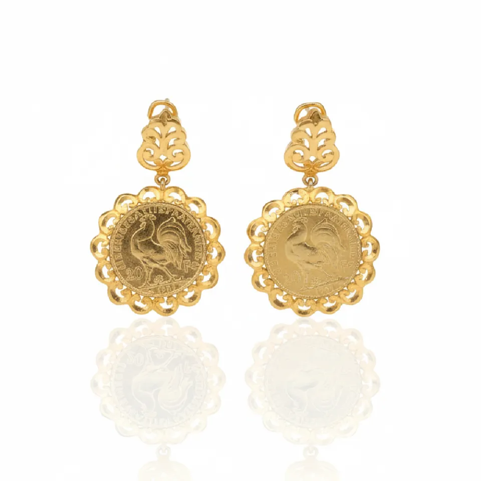 Boucles d'Oreilles Pendante en Argent à Monnaie Coq (ou Marianne) Style Vintage