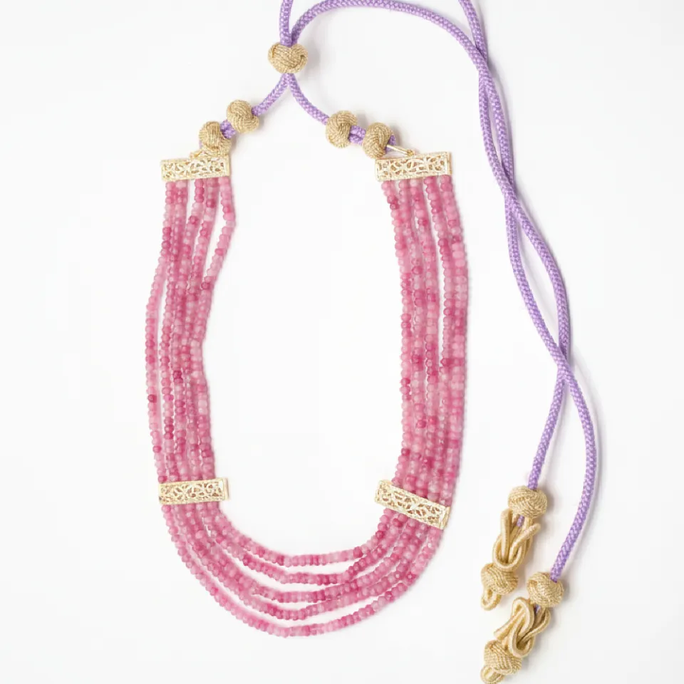 Collier Multirangs en Quartz Rose et Or, Ajustable