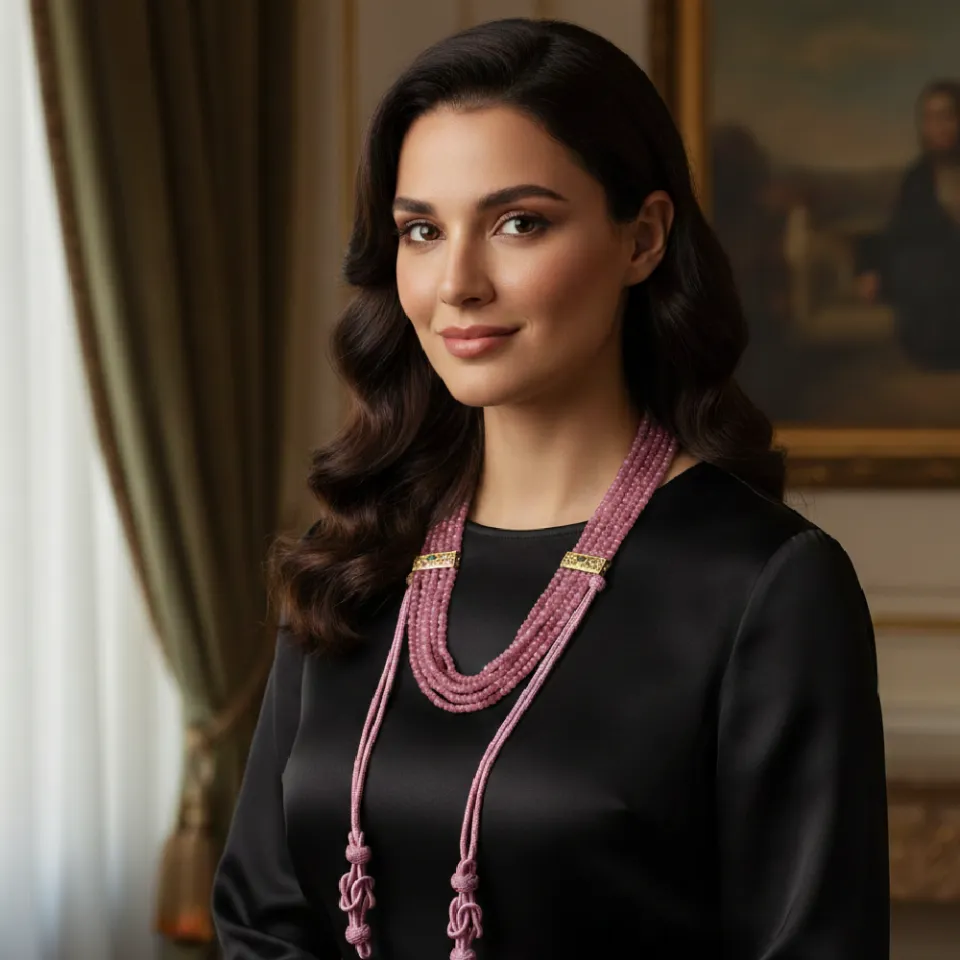 Collier Multirangs en Quartz Rose et Or, Ajustable