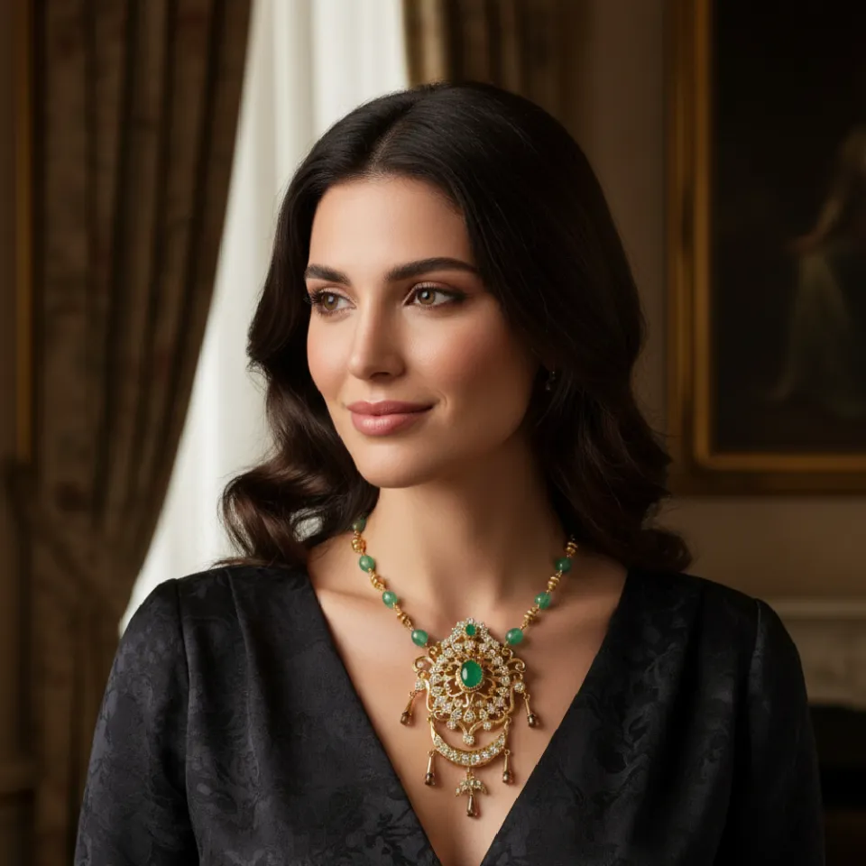 Collier Pendentif Oriental Doré, Pierres Vertes et Cristaux