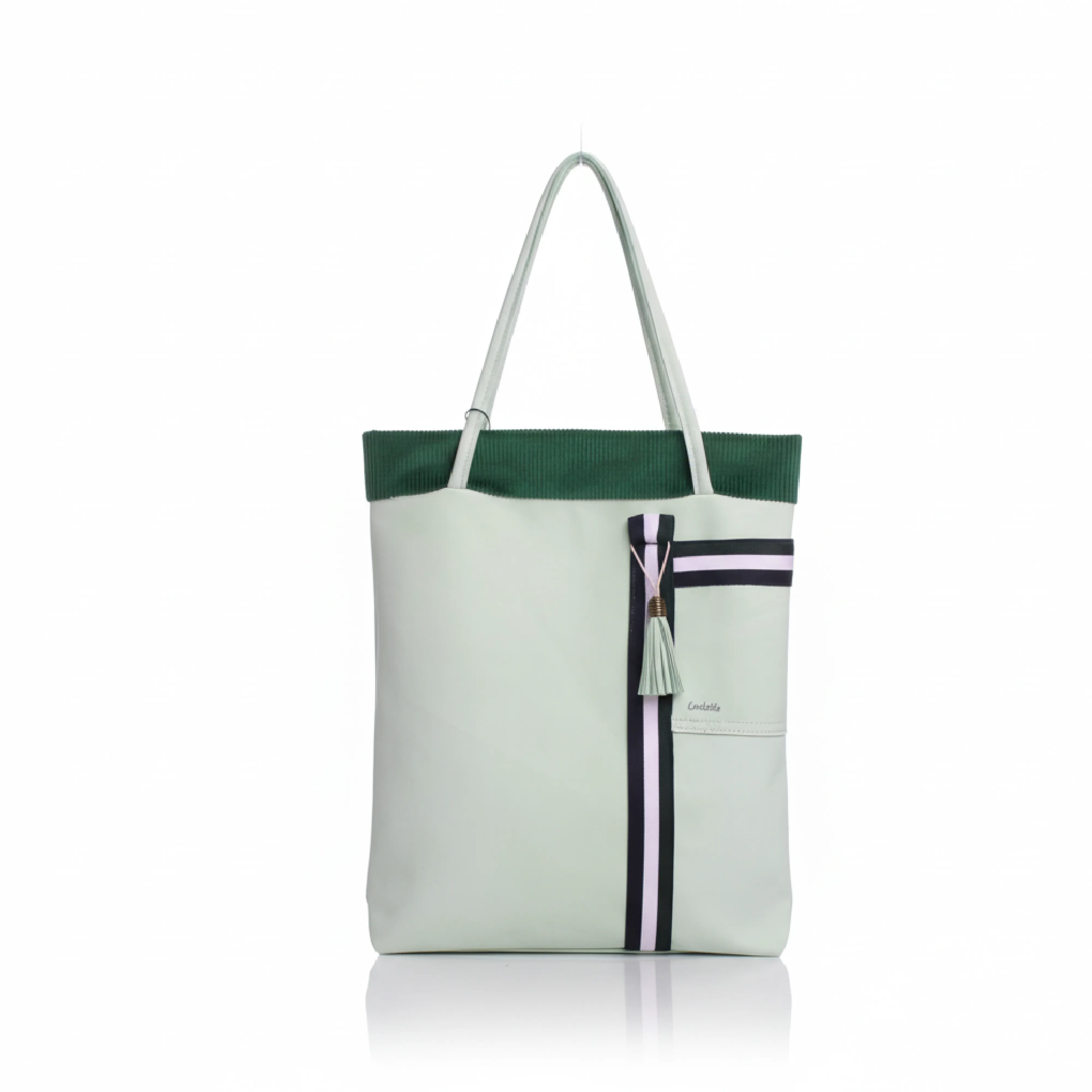Sac cabas vert menthe avec détail rayé et pompon