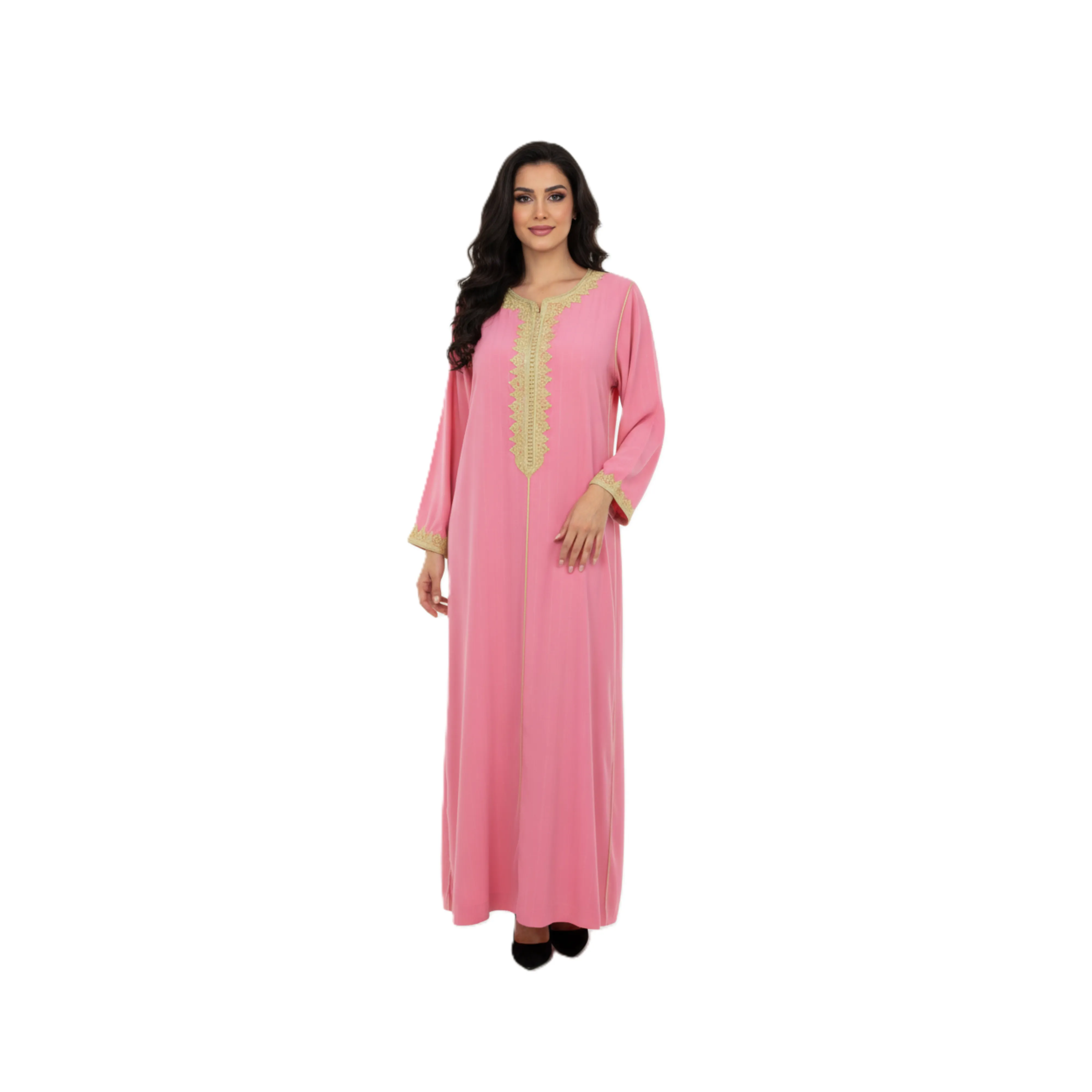 Djellaba Femme Rose Élégante avec Broderie Dorée Traditionnelle