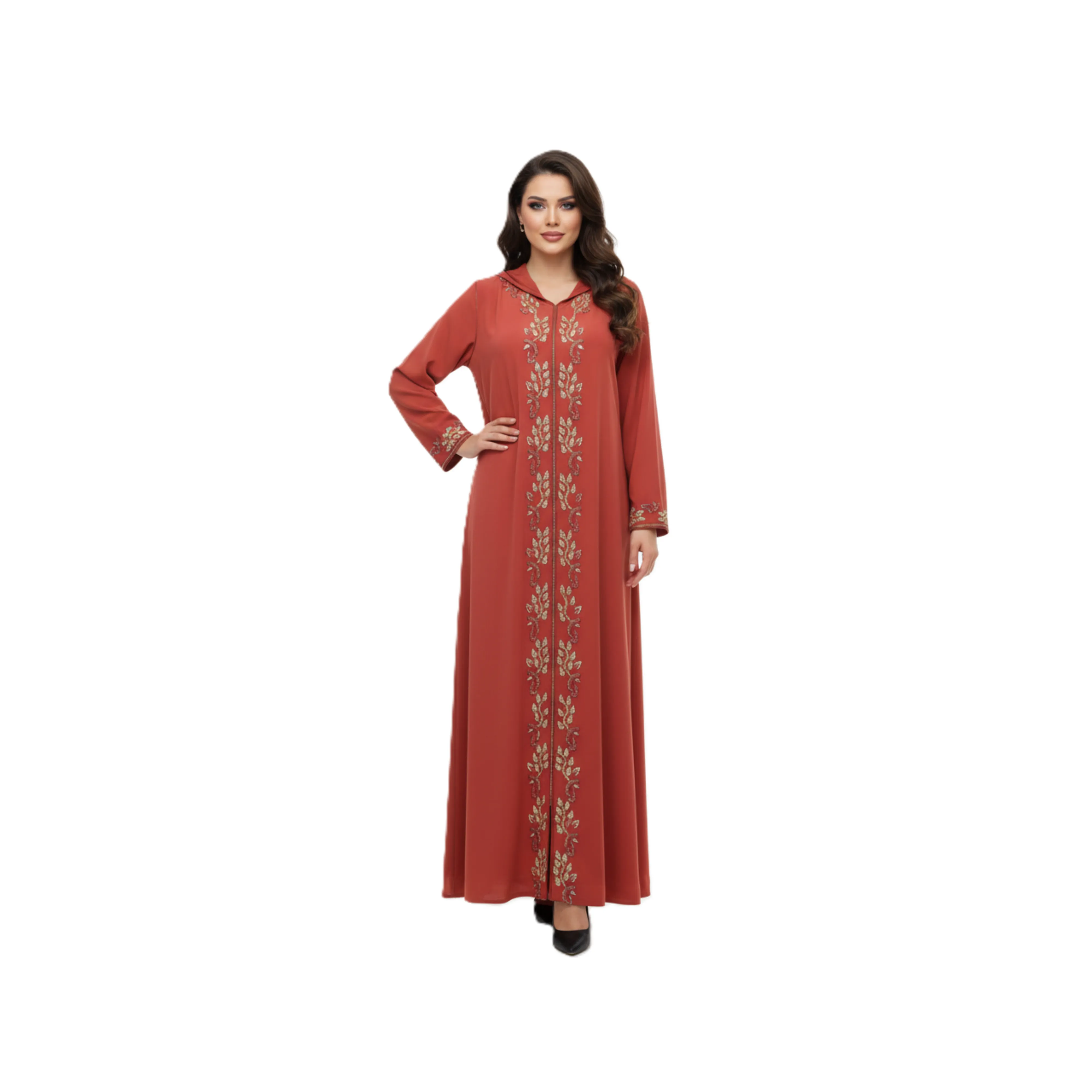 Djellaba Femme Terre Cuite avec Broderie Florale Dorée - Élégance Bohème