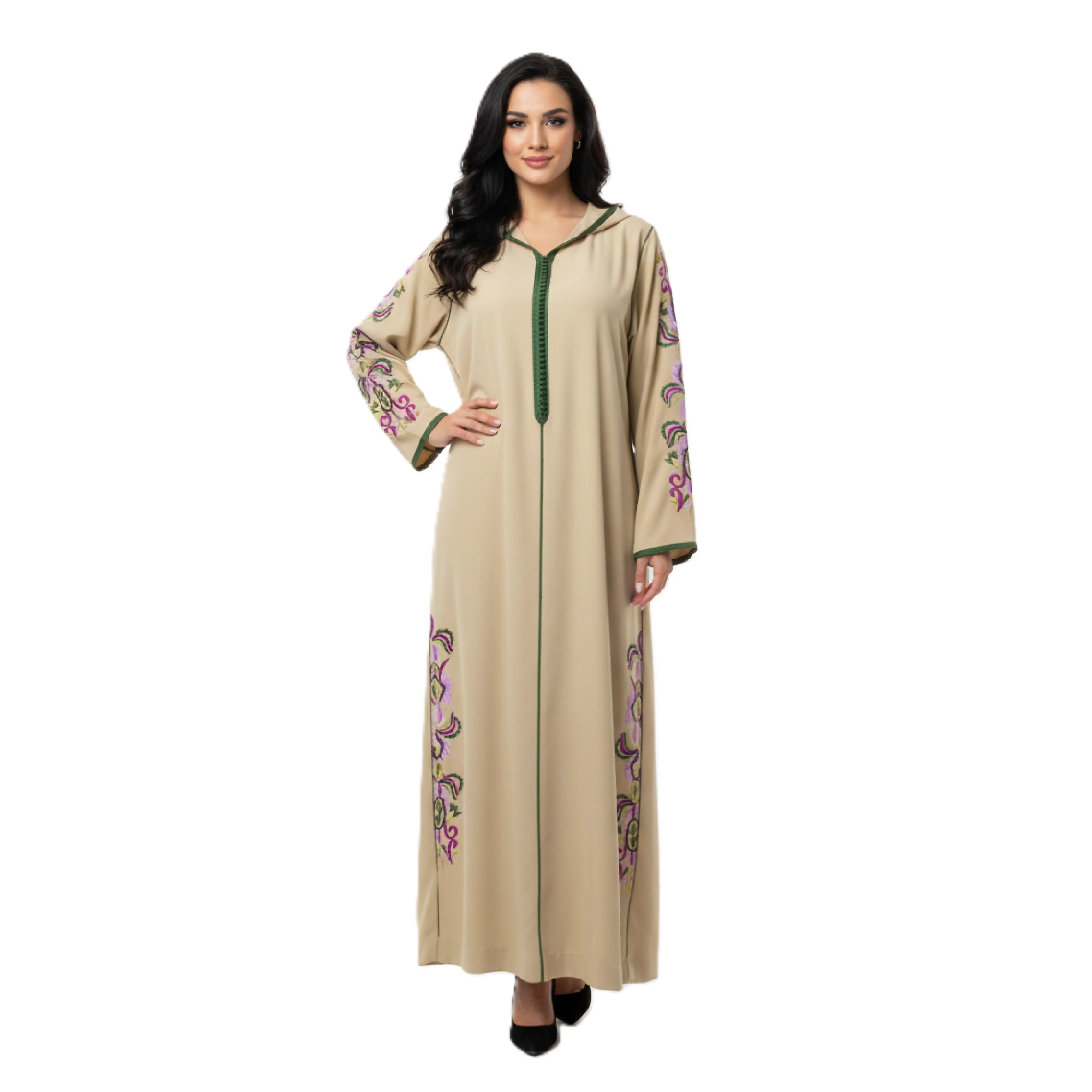 Caftan Marocain Beige Capuche Élégant Broderie Florale