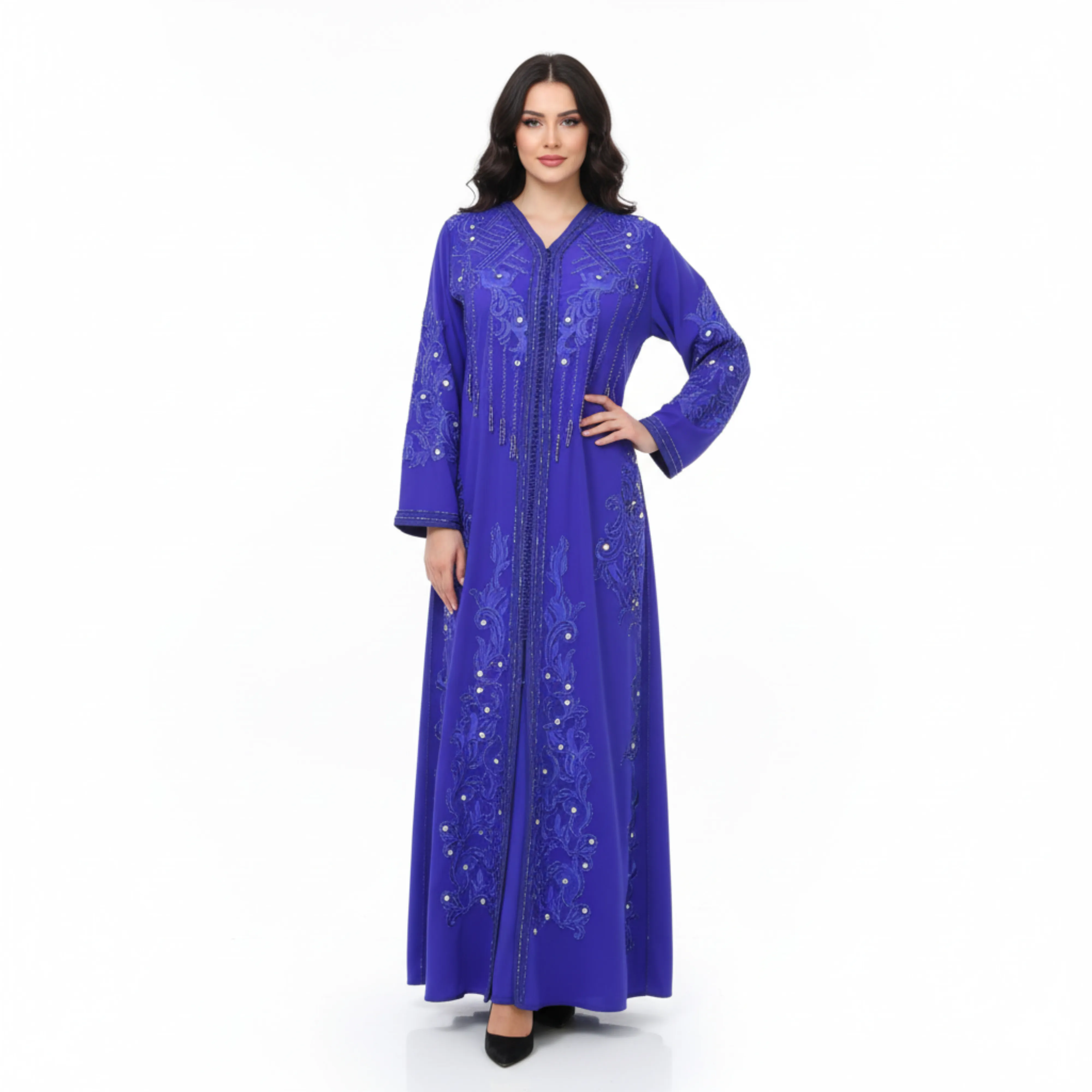 Caftan Bleu Roi Marocain Broderie Perles Argentées