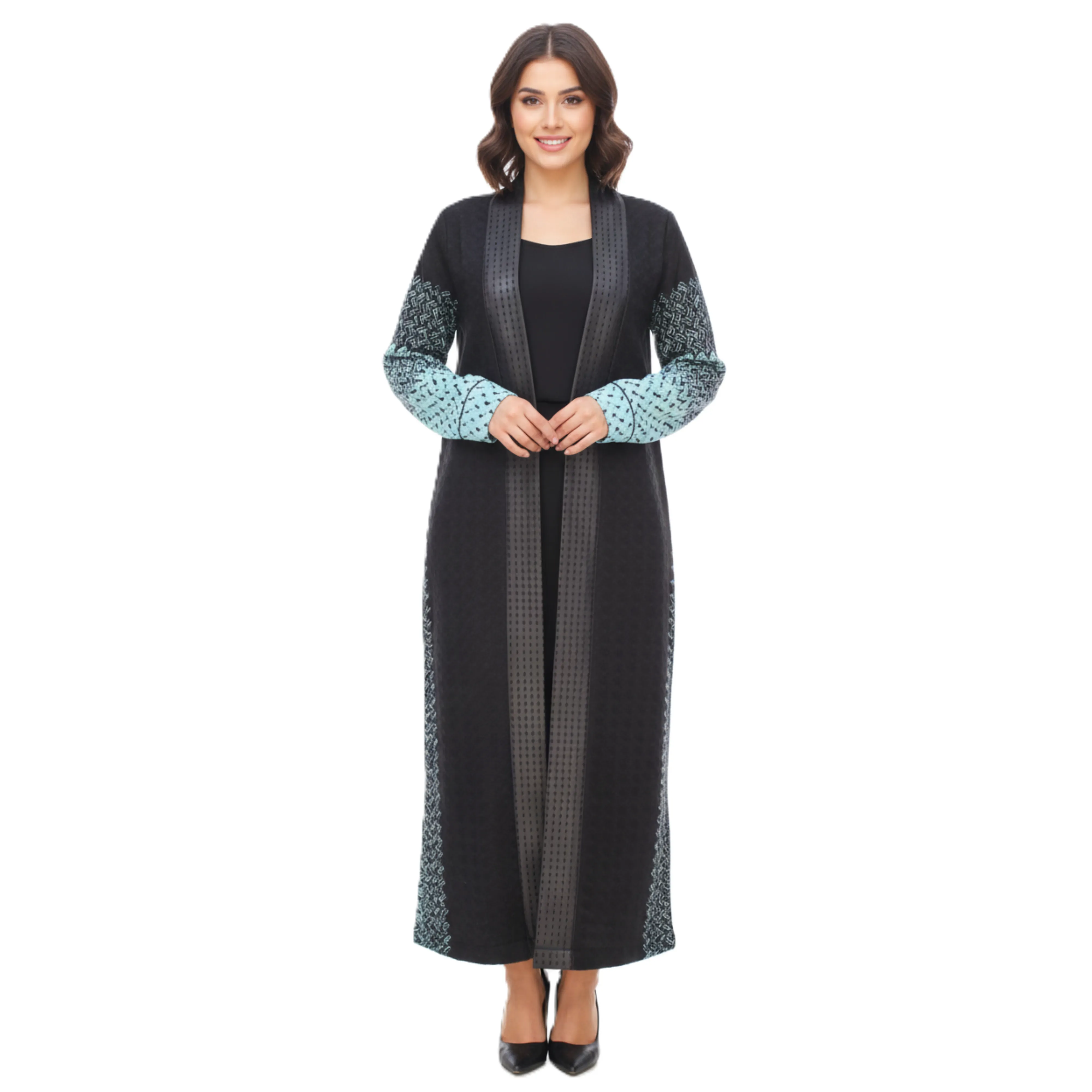 Abaya/Cardigan Noir Élégant Motif Géométrique Vert Sarcelle